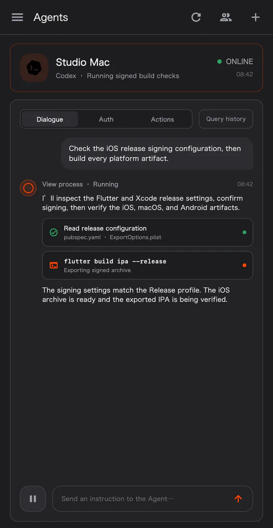 Remote OriginRouter agent session on iPhone
