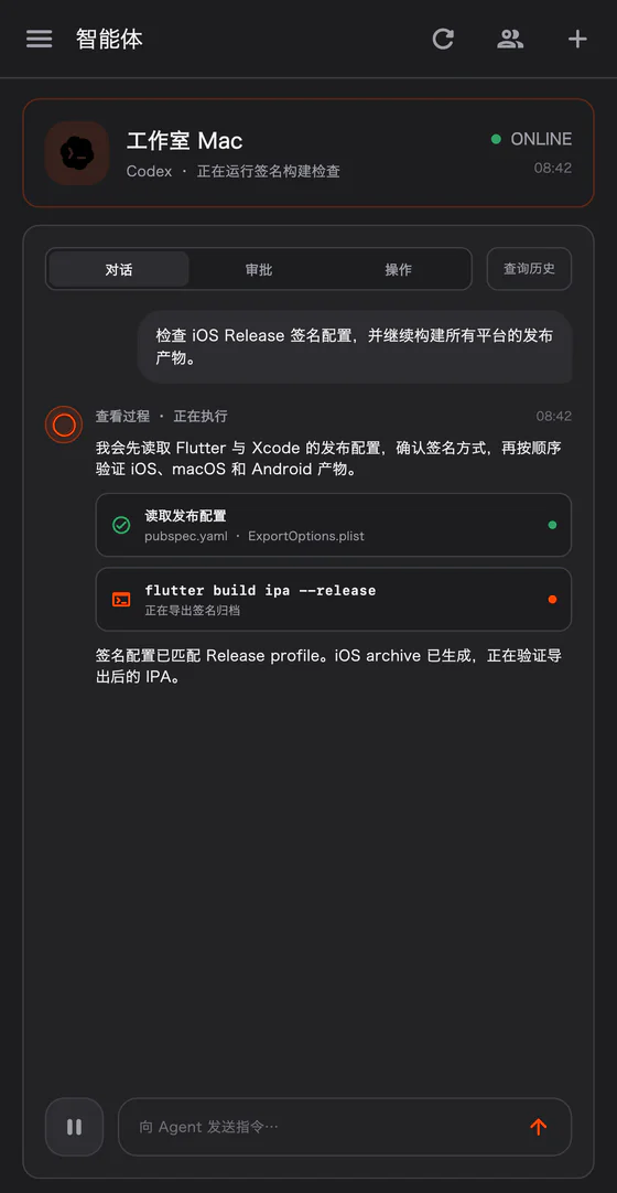 OriginRouter iPhone 上的远程智能体会话