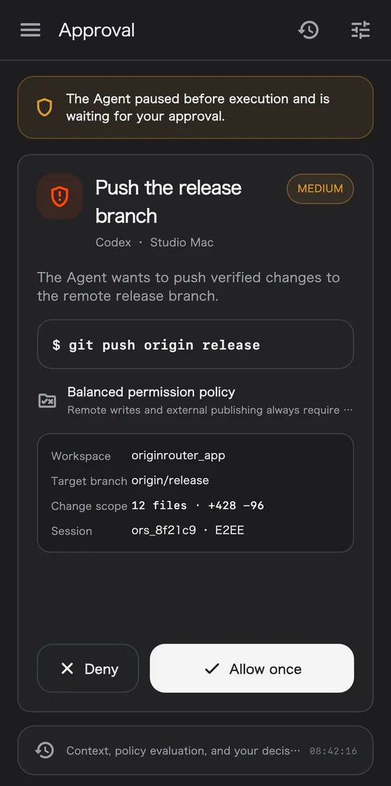 Sensitive-operation approval in OriginRouter on Android