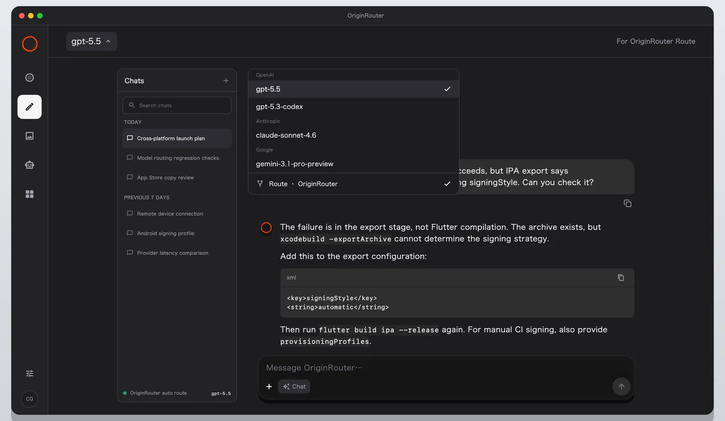 OriginRouter desktop chat with the model selector open