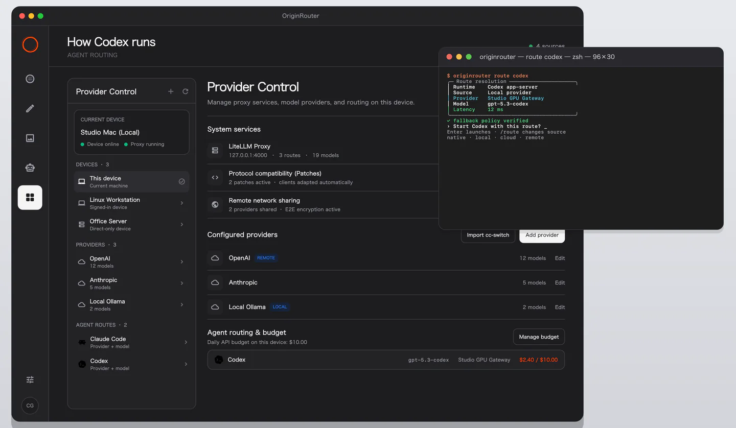 OriginRouter desktop Provider Control with CLI route inspection